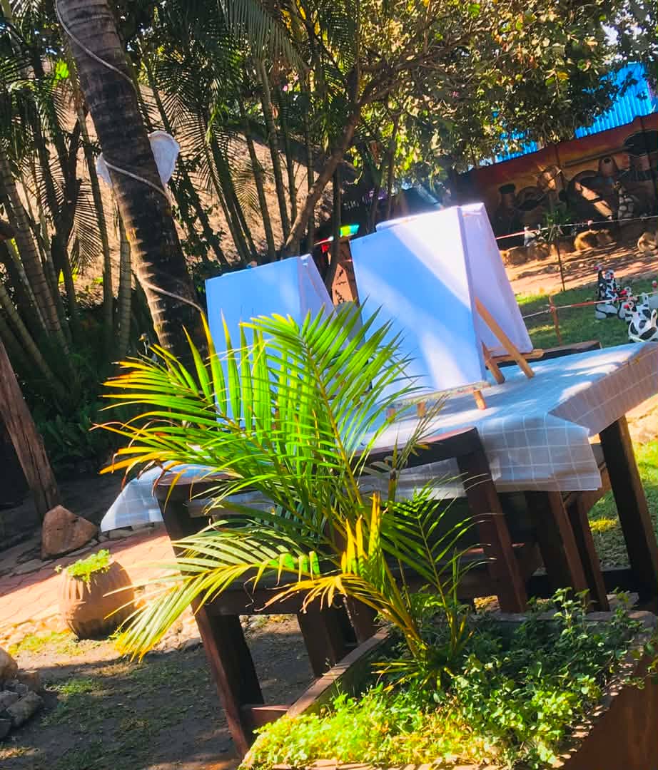Blank canvases on easels set up outdoors for a Paint & Sip session